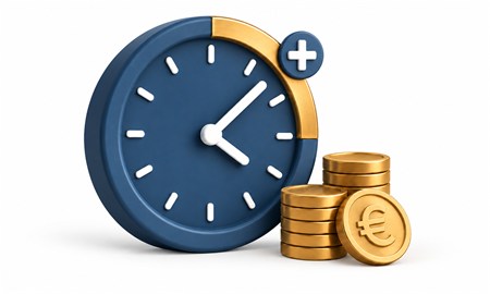 Überstunden auszahlen – Uhr mit Pluszeichen und Euro-Münzen