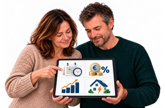 Frau und Mann mit Tablet und Symbolen für Zeit, Finanzen, Geldanlage und Energie
