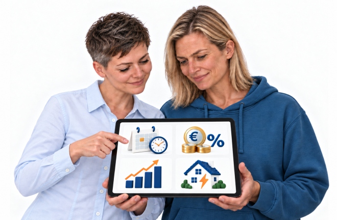 Zwei Frauen mit Tablet und Symbolen für Zeit, Finanzen, Geldanlage und Energie