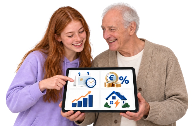 Älterer Mann und Mädchen mit Tablet und Symbolen für Zeit, Finanzen, Geldanlage und Energie