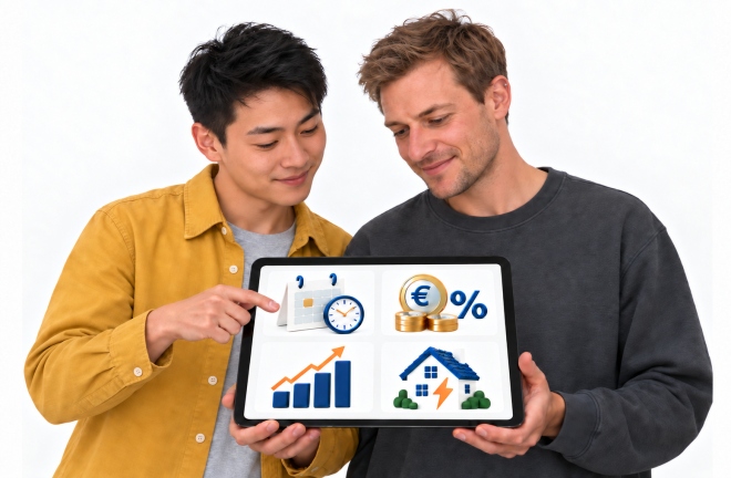 Zwei Männer mit Tablet und Symbolen für Zeit, Finanzen, Geldanlage und Energie