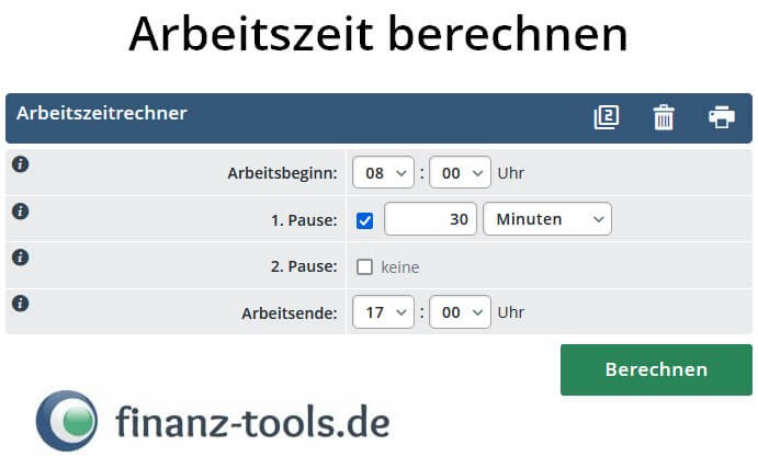Arbeitszeit-Rechner - Arbeitszeit abzüglich Pausen bequem berechnen